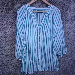 Striped White and Teal Button-Front Women’s Blouse